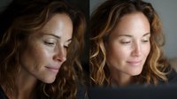 Caucasian woman with natural freckles and wavy brown hair in side profile, showing aging process with before and after comparison for skincare or beauty concept.