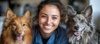Young woman with bright smile posing between two happy dogs - a ginger border collie mix and gray merle shepherd mix, showcasing pet companionship.