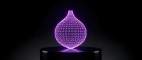 Glowing purple wireframe sphere on black pedestal base, futuristic digital technology concept for innovation, science, and modern design projects.