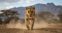 Majestic lioness walking on dusty savanna path with acacia trees and dramatic mountain backdrop in golden light creating powerful wildlife scene.