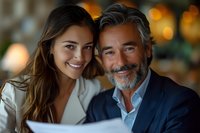 Smiling mature businessman with gray beard and young Asian woman in white blazer against blurred warm bokeh background. Professional corporate portrait.