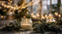 Festive glass jar candle surrounded by pine branches and golden bokeh lights creating warm holiday atmosphere for seasonal home decor.