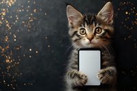 Adorable tabby kitten holding blank white smartphone screen with golden bokeh lights background for holiday marketing and social media campaigns.