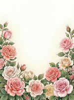 Vintage rose border frame with pink and cream blooms, buds, and green foliage on cream background. Isolated design element for invitations, cards, and wedding stationery projects.