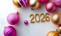 Festive 2026 golden number with pink and gold Christmas baubles on marble background, holiday celebration concept.