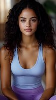 Young African American woman with natural curly hair wearing light blue athletic tank top and purple workout attire, looking directly at camera with natural makeup and confident expression.