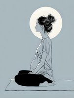 Minimalist line art of pregnant woman in profile sitting in meditation pose against soft blue background with circular moon motif.