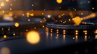 Vinyl record player turntable with glowing golden bokeh lights creating magical atmosphere for music and entertainment background at night party.