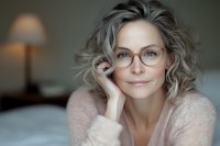 Mature Caucasian woman with gray curly hair and stylish glasses wearing soft pink sweater smiles warmly while resting head on hand, natural beauty portrait in soft lighting.