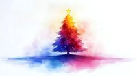 Watercolor Christmas tree with vibrant rainbow colors and golden star on top, artistic holiday illustration with soft paint splashes and dreamy atmosphere.