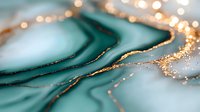 Luxury emerald green and gold abstract fluid art with glitter effect. Elegant marble texture featuring flowing lines and bokeh lights creates modern design background.