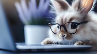 Adorable fluffy bunny wearing glasses while working on laptop computer, close up view of pet rabbit studying or browsing internet at home office desk.