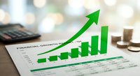 Financial growth report with green ascending arrow and bar chart showing positive business performance trends on desk with calculator and coins.