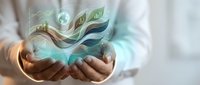 Businessman holding digital holographic leaves and financial growth chart with glowing data visualization for sustainable investment and eco-friendly business strategy.