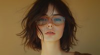 Young Asian woman with short dark hair wearing blue glasses against warm golden background, natural makeup and contemplative expression. Soft lighting creates dreamy mood.