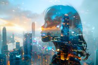 Double exposure portrait of young woman silhouette merged with glowing night cityscape showing modern skyscrapers and sunset sky, artistic urban concept.