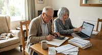 Senior Caucasian couple managing finances together at home, reviewing documents and using laptop for online banking or tax preparation in bright living room.