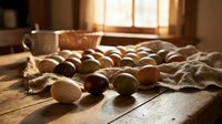 Fresh organic potatoes scattered on rustic wooden table with burlap sack in warm sunlit kitchen interior for cooking and food preparation concepts.