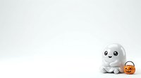 Cute ghost character with smiling face sitting next to small orange pumpkin bucket on white background, isolated design element for Halloween graphics and seasonal projects.