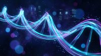 Glowing DNA double helix structure with flowing light trails against dark space background with bokeh effects for science and biotechnology concepts.