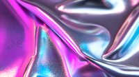 Holographic iridescent fabric with pink and blue metallic sheen creates smooth flowing waves and folds, featuring glitter sparkle effect and shimmering surface.