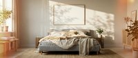 Cozy Scandinavian bedroom interior with blank frame mockup, soft natural light, neutral tones, linen bedding, and indoor plants for home decor inspiration.