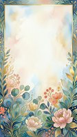 Watercolor floral frame with gold accents, pastel pink and blue flowers, lush green leaves, and soft copy space center for text or design.