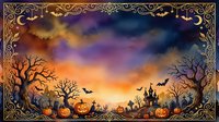 Halloween night scene with ornate golden border featuring spooky castle silhouette, bare trees, flying bats and glowing pumpkins against dramatic sunset sky.