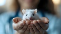 Gentle hands holding tiny white mouse with pink nose and curious expression against soft blue background, capturing tender moment between human and pet.