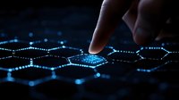 Finger touching glowing blue hexagonal network pattern on dark background, representing digital technology and connectivity concept for business presentations.