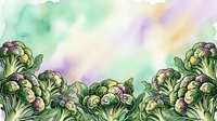 Watercolor illustration of fresh green cauliflower heads with purple and yellow tones, isolated on white background, suitable for culinary designs and food packaging.