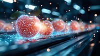 Red apples with frost effect on piano keys in dark blue atmosphere with glowing bokeh lights and magical sparkles creating dreamy winter musical composition.