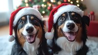 Two happy Australian Shepherds wearing Santa hats smile at camera with Christmas tree and holiday decorations in background, creating festive holiday mood.