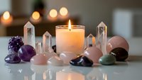 Healing crystals and gemstones arranged around glowing candle creating peaceful meditation and spiritual wellness atmosphere for relaxation rituals.