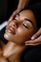 Young African American woman receiving relaxing facial massage at spa, eyes closed with glossy lips and flawless makeup, showing wellness and beauty care.