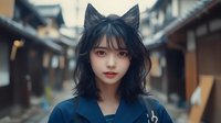 Young Asian woman with cat ears headband and blue traditional clothing standing in historic alley with traditional architecture background. Cosplay concept.