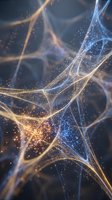 Abstract flowing energy waves with golden and blue light particles creating dynamic motion patterns for digital art and technology backgrounds.