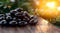 Fresh black olives scattered on rustic wooden table with warm sunlight and green leaves, creating Mediterranean mood with natural bokeh effect and shadows.