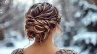 Elegant updo hairstyle with caramel highlights shown from behind against snowy winter background, perfect for bridal or formal event styling.