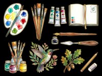 Artist supplies collection with watercolor palettes, brushes, paint tubes, sketchbook, ink pen, and botanical illustrations isolated on transparent background. Ready for t-shirt design, clipart, stickers, print-on-demand products, and creative projects.