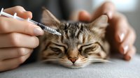 Veterinarian giving injection to sleepy tabby cat at clinic. Close up view of medical procedure showing syringe and gentle handling of feline patient during treatment.