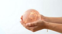 Hands holding glowing globe with digital network map, isolated on white background for global business, technology, and connectivity concepts.