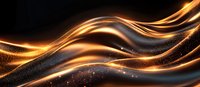Glowing golden waves with sparkles flow across dark background creating dynamic abstract pattern with light effects and shimmering particles.