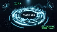 Futuristic holographic thank you message with glowing blue circular interface and digital data screens on dark technology background.