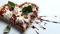 Heart-shaped dessert with melted chocolate, cream topping and fresh basil leaves on white background, artistic food photography with chocolate drizzle decoration.