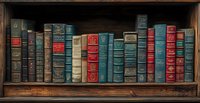 Collection of vintage leather-bound books with colorful spines arranged on rustic wooden bookshelf, showcasing classic literature and antique publications.