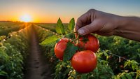 Hand holding fresh ripe red tomatoes with green leaves at sunset in agricultural field. Organic farming harvest concept for healthy food production.