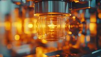 Modern glass pendant lamp with warm glowing light against blurred bokeh background creates cozy atmospheric lighting effect for interior design and home decor projects.