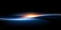 Abstract dark background with glowing light horizon and flowing blue waves creating dynamic motion effect against black backdrop. Suitable for tech designs.