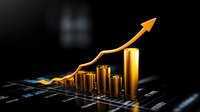 Golden bar chart with upward trending arrow showing financial growth and success on dark background with data grid, representing business performance analysis.